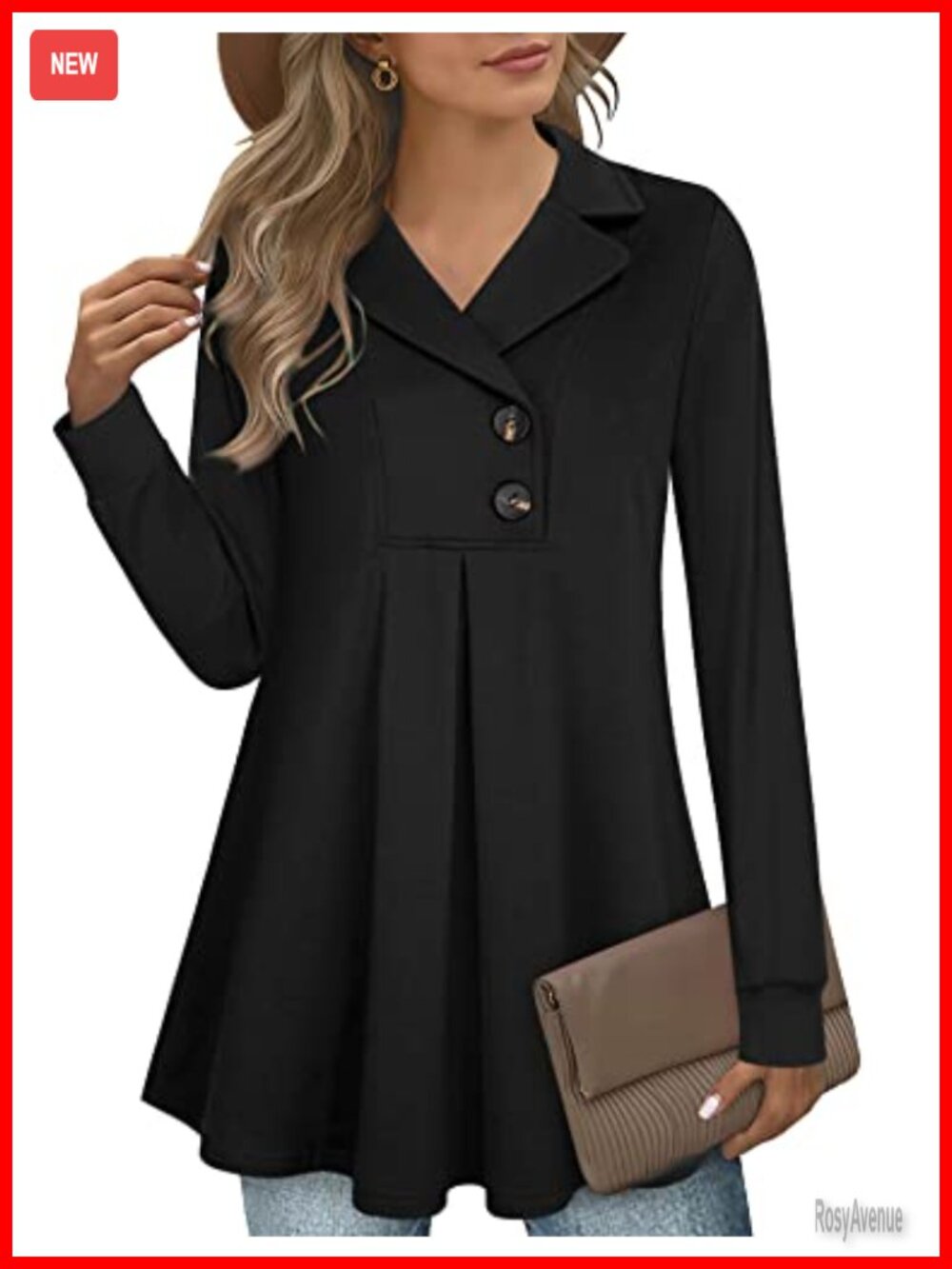 Swing Tunic Notch Collar Button Sweatshirt Long Sleeve Pullover Top